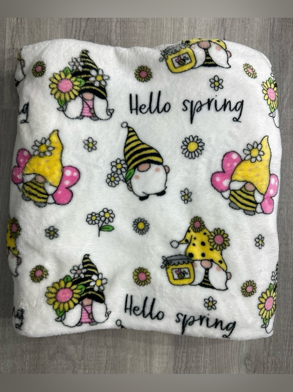 Hello Spring Plush Blanket - Yellow & Pink Gnome Design